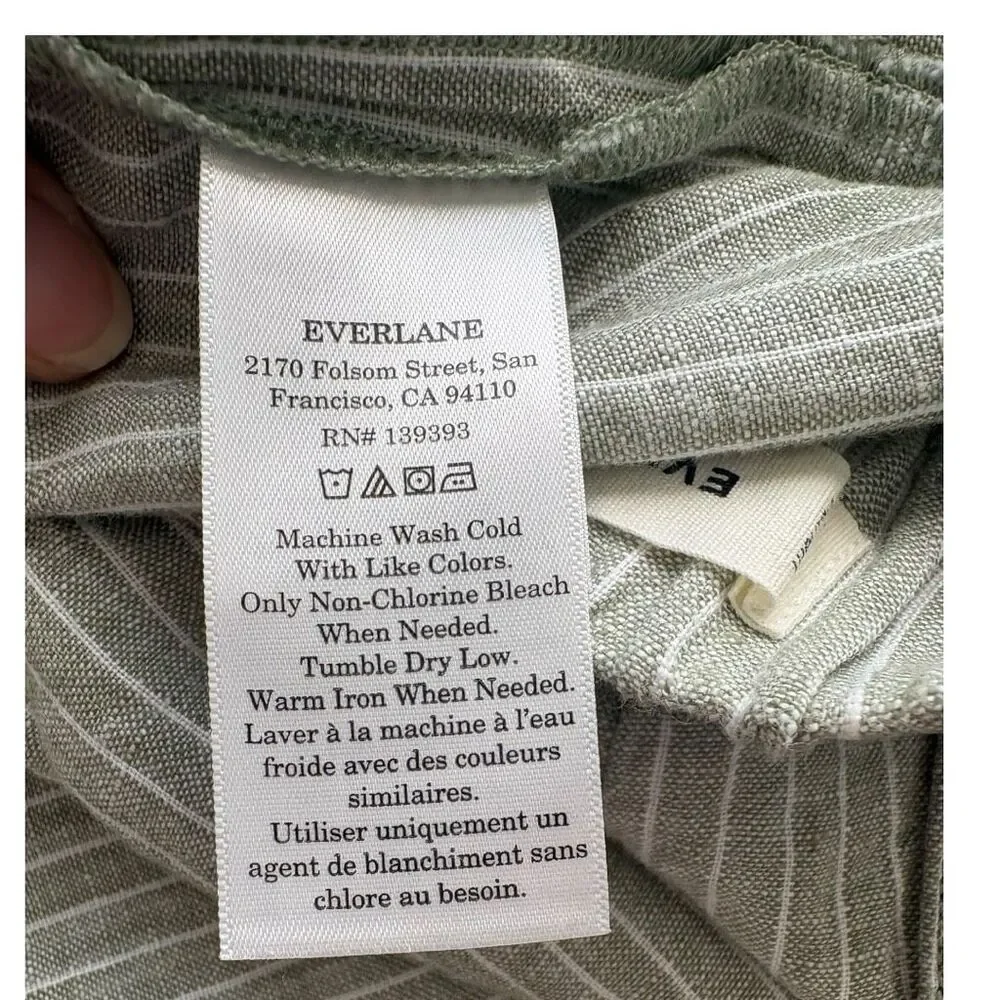 Everlane Flax Linen Size Large Green with White Strips Elastic Waistband
